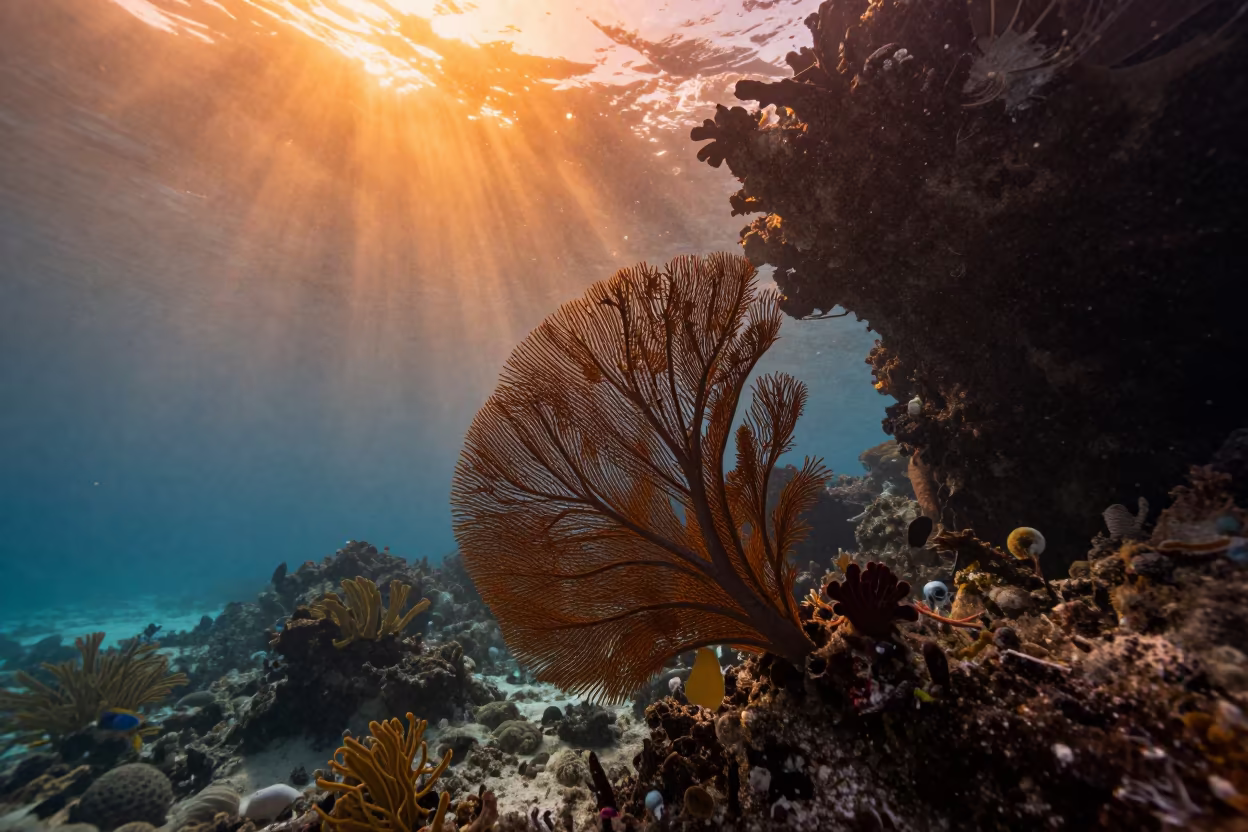 Orange Sunset Sea Fan on Zanzibar Reef Wall in beside a volcanic reef overhang near Zanzibar
