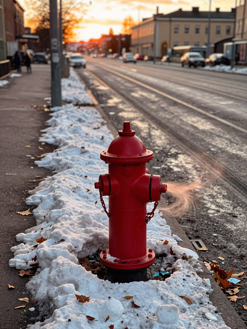 Orange Sunset Light on Snow-Buried Hydrant in at a tram stop in Kruununhaka, Helsinki