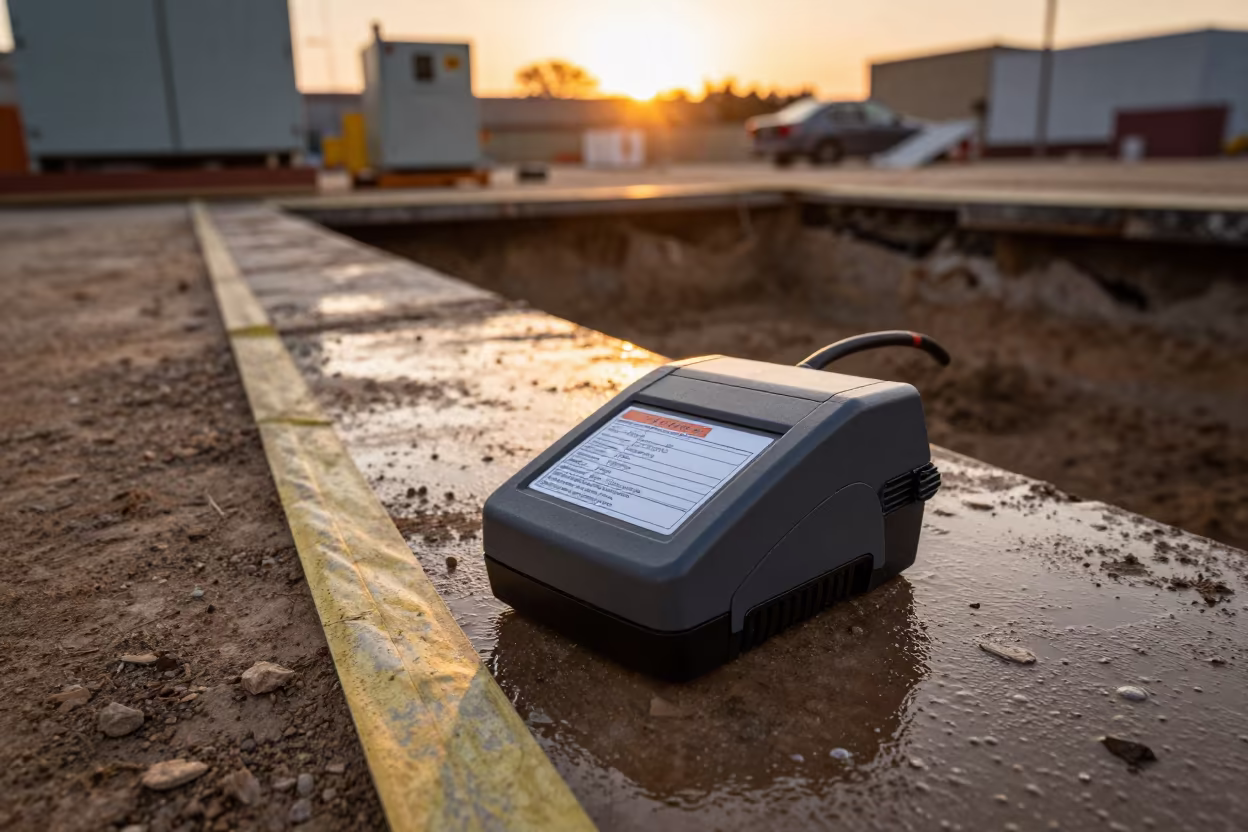 Orange Sunset Light on Switchgear Printer Label in inside a taped-off excavation edge near Ipoh