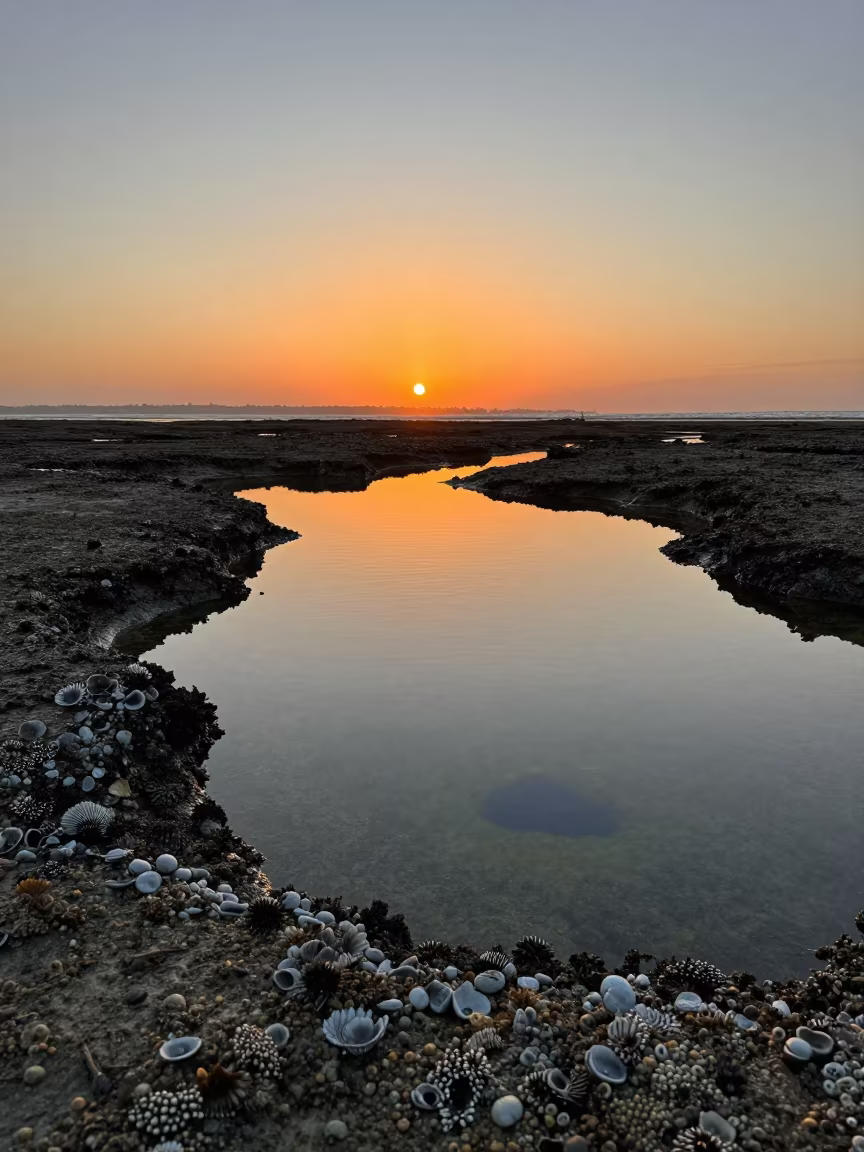 Orange Sunset Tide Pool Reflection Barnacles Naples in above a cold-water reef edge near Naples