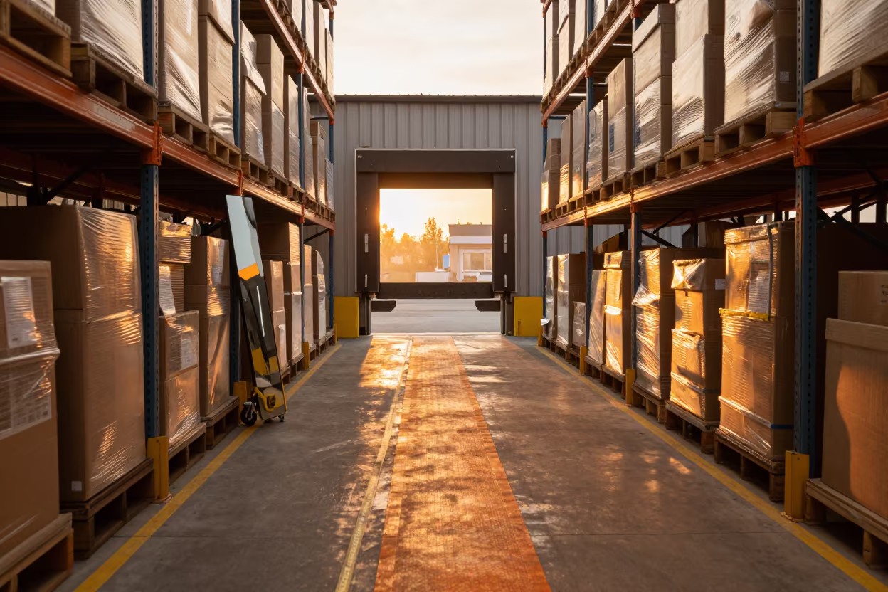 Orange Threshold Lane in Ordu Warehouse in along inventory racks under cool warehouse light in Ordu