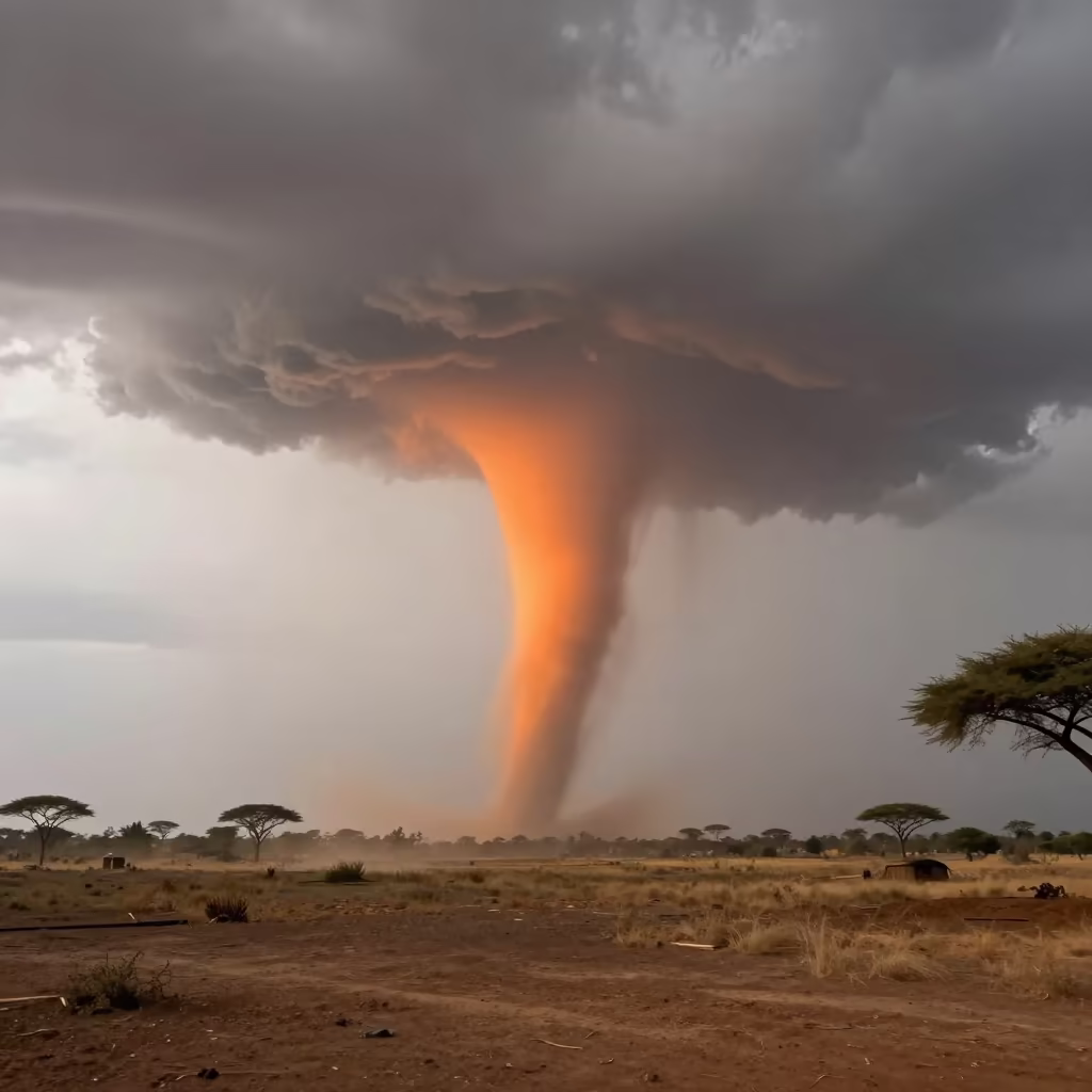 Orange Tornado Funnel Under Clouds at Ndjamena in beneath fast-moving cloud bands near Ndjamena