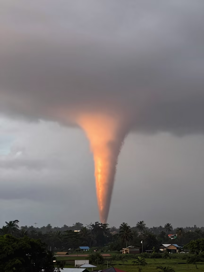 Orange Tornado Funnel Under Colombo Clouds in beneath fast-moving cloud bands near Colombo