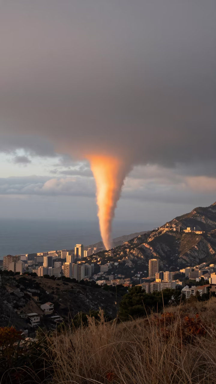 Orange Tornado Funnel Over Monaco Mountains in in Monaco