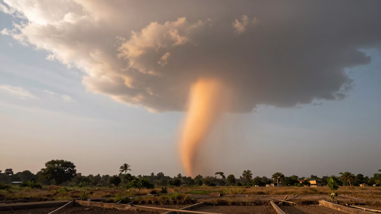 Orange Tornado Funnel Over Bhiwandi Storms in over a horizon of stacked thunderheads near Bhiwandi