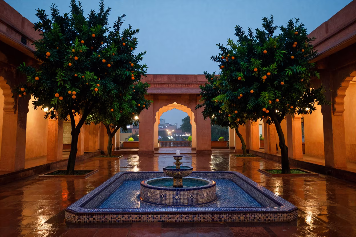 Orange Trees in Tiled Courtyard Fountain in inside a tiled stair hall in Indore
