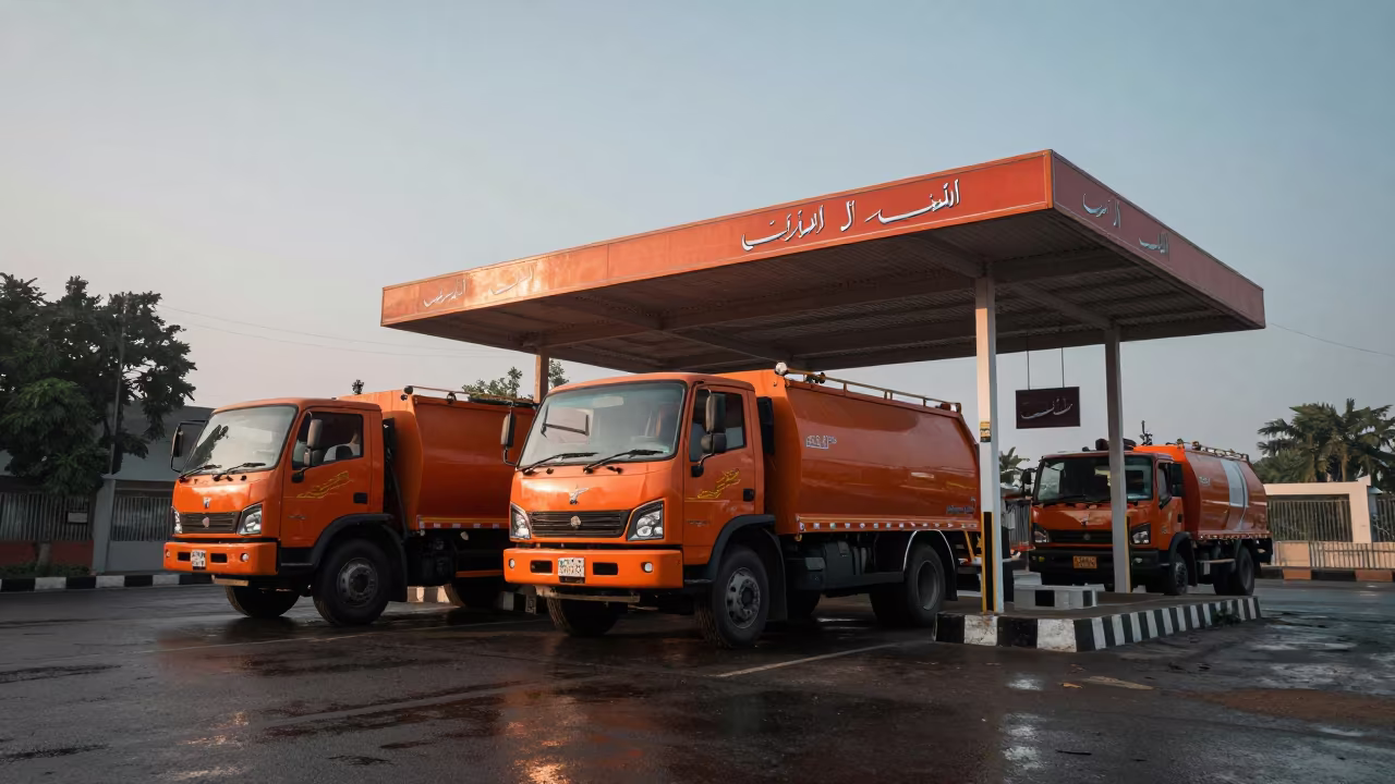 Orange Trucks in Predawn Haze Outside Lahore Polling Station in outside a polling station entrance in Lahore