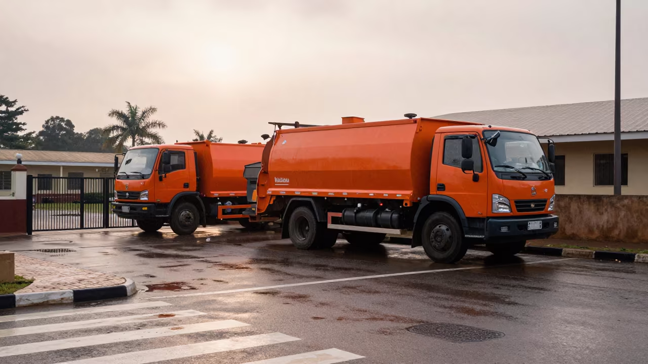 Orange Trucks at School Gate Predawn Haze in at a crosswalk by a school gate in Guéckédougou