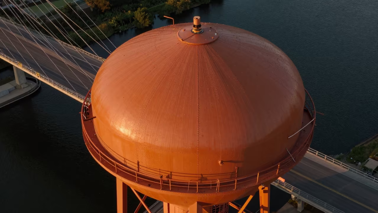Orange Water Tower Under Idaho Bridge at Sunset in under a cable-stayed bridge span in Idaho