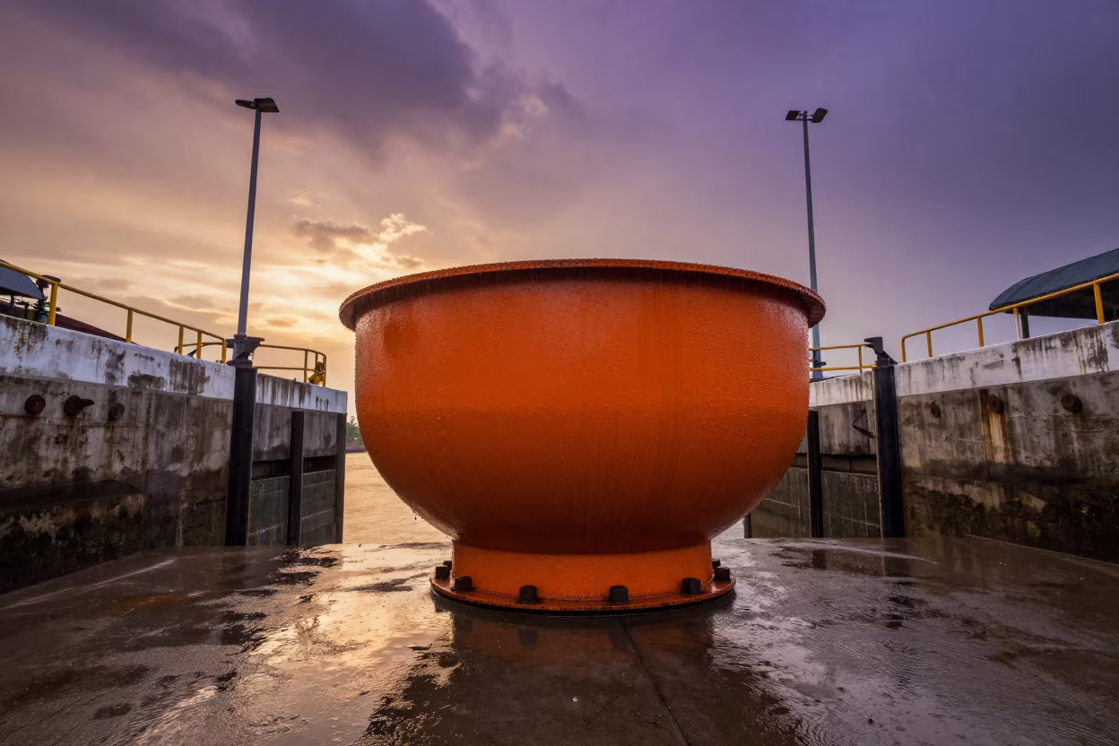 Orange Water Tower at Phnom Penh Lock Sunset in at a canal lock chamber near Phnom Penh