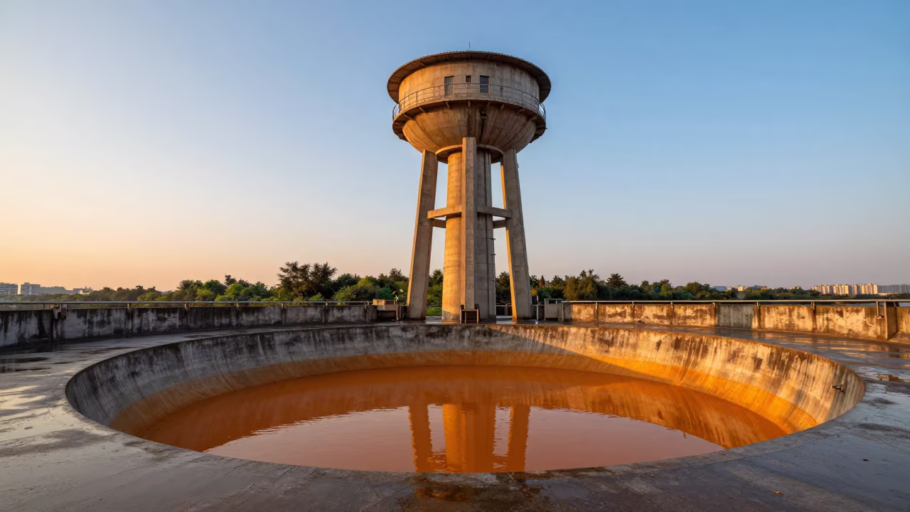 Orange Water Tower Sunset Nanning Dam in along a dam spillway near Nanning