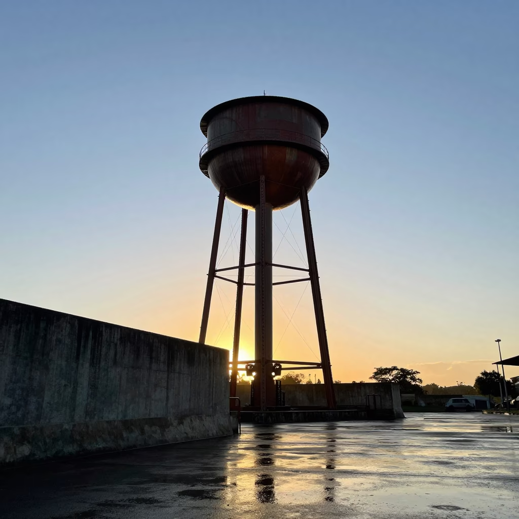Orange Water Tower Silhouette at Sunset in beside a storm surge barrier in Central African Republic