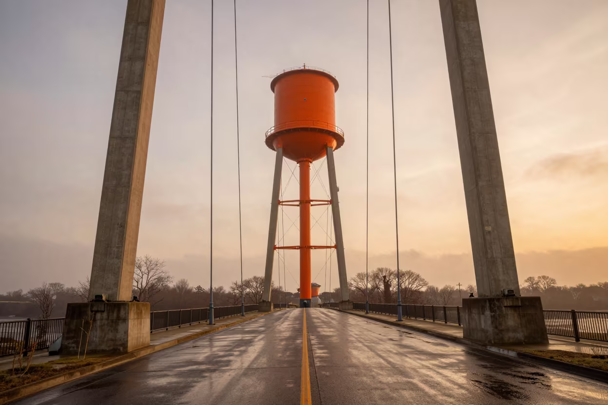 Orange Water Tower Under Bridge After Storm in under a cable-stayed bridge span in New Jersey