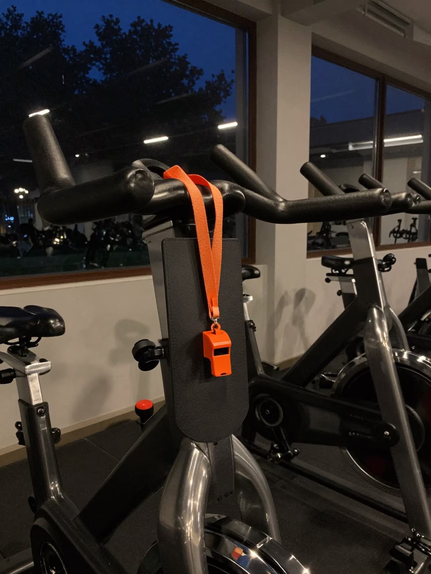 Orange Whistle Lanyard on Studio Board in inside a spin studio under class lights in Sarajevo