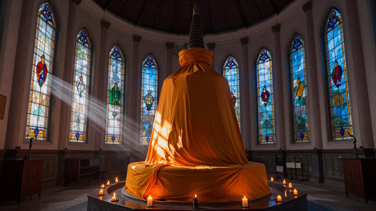 Orange Wrapped Stupa in Surabaya Chapel Twilight in in a chapel lit by stained glass in Surabaya