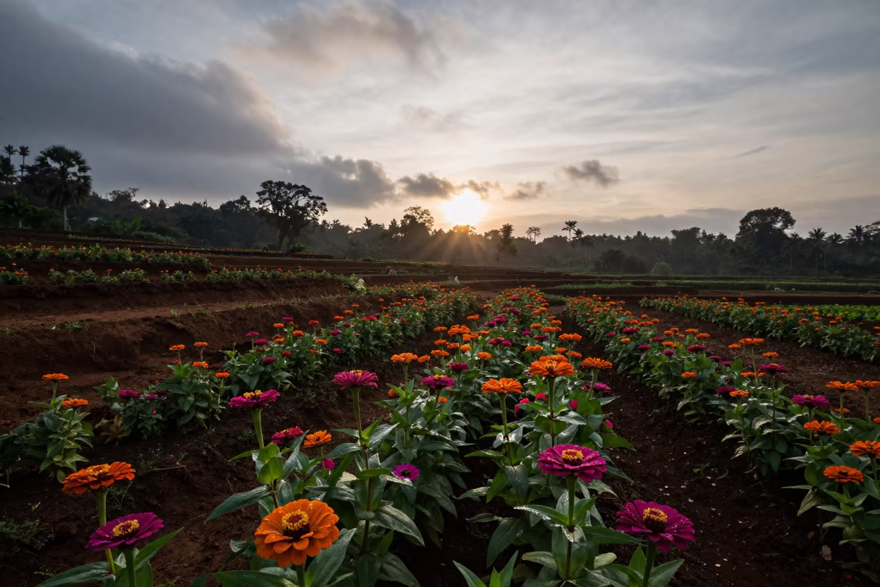 Orange Zinnias at Dawn in Cambodian Terraced Garden in among terraced garden plots in Cambodia