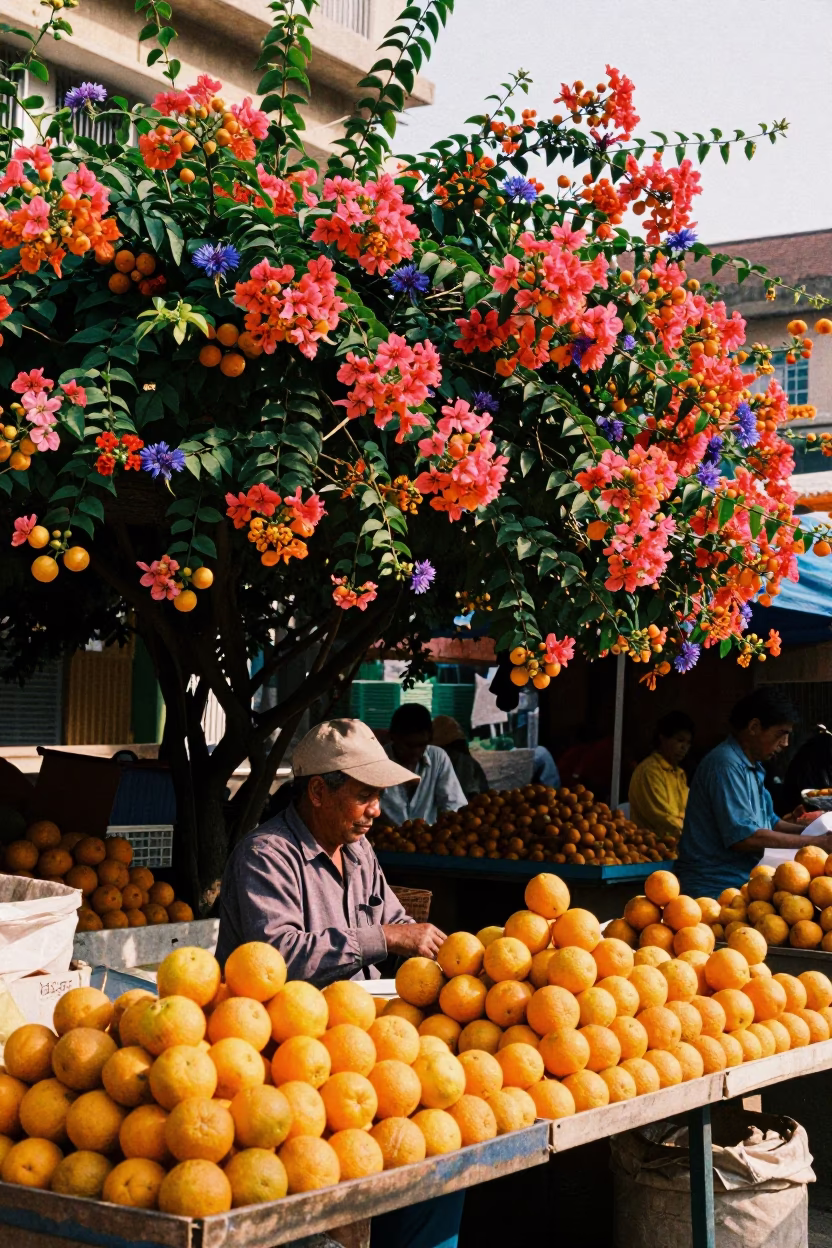 Oranges and Plumbago Hedge in Phnom Penh Street Market Afternoon Light in in Phnom Penh, Cambodia