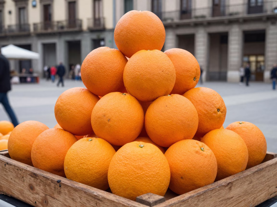 Oranges at Midday Light in in Barcelona, Spain