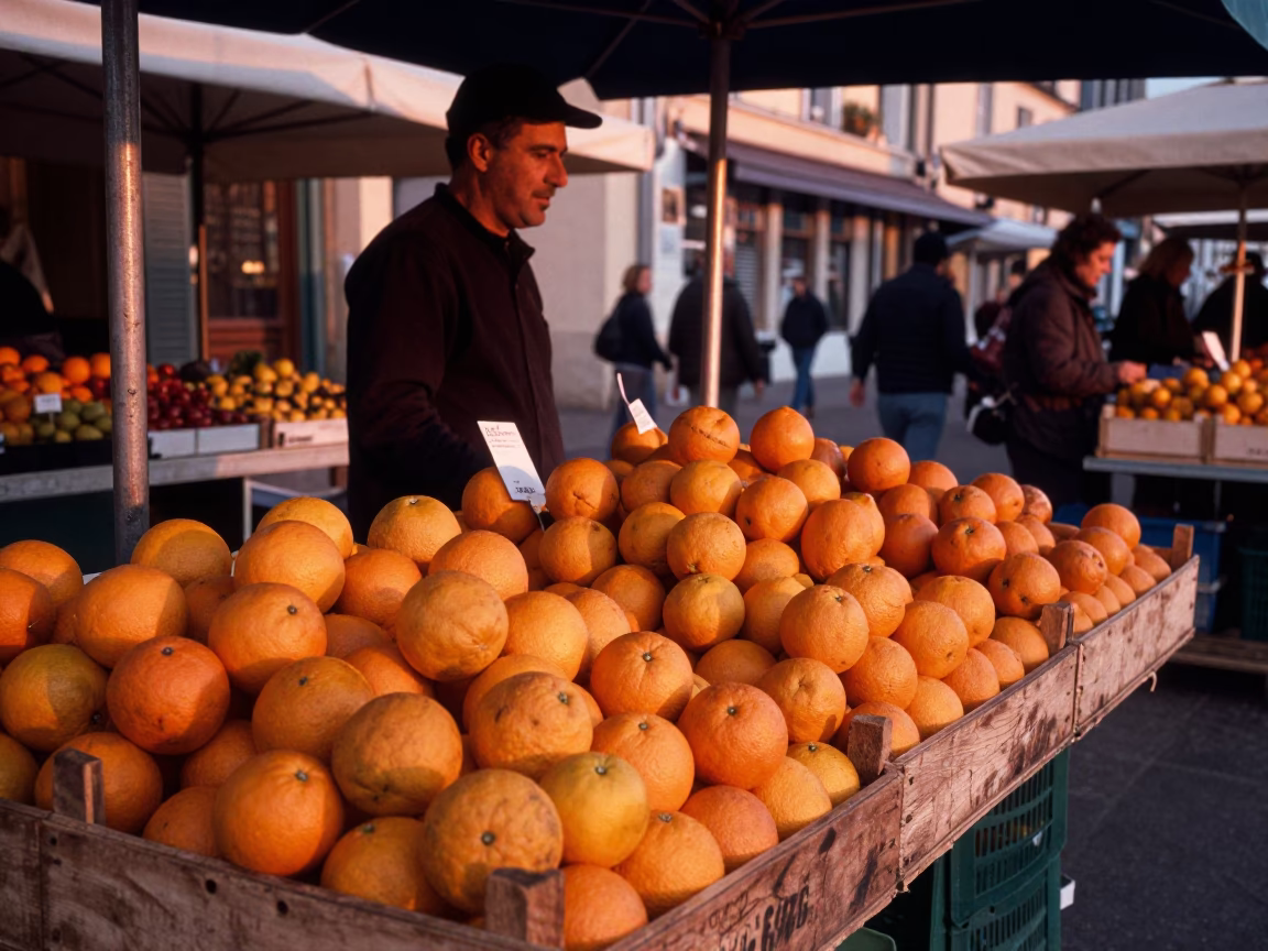 Oranges on a Market Stall in Nice France Before Dusk in in Nice, France