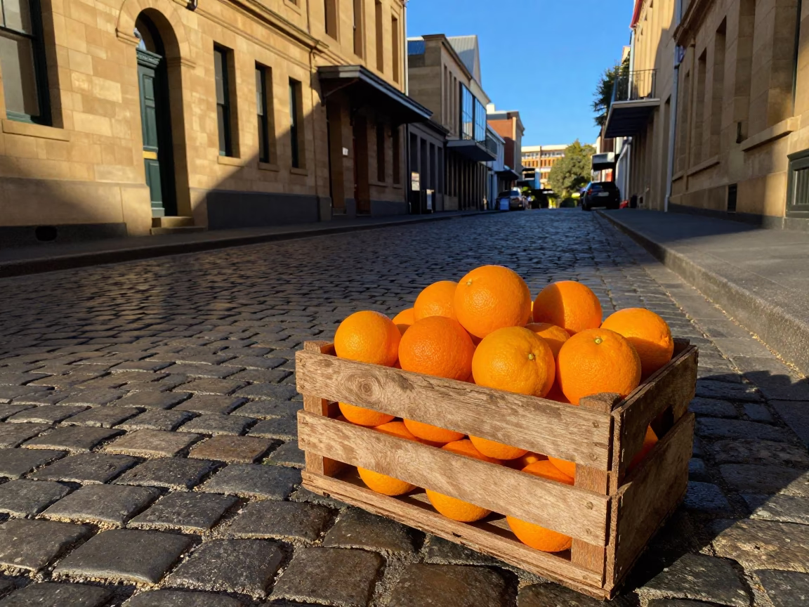 Oranges on Cobblestone Lane Near Salamanca Market Hobart Tasmania Late Afternoon Light in in Hobart, Tasmania, Australia