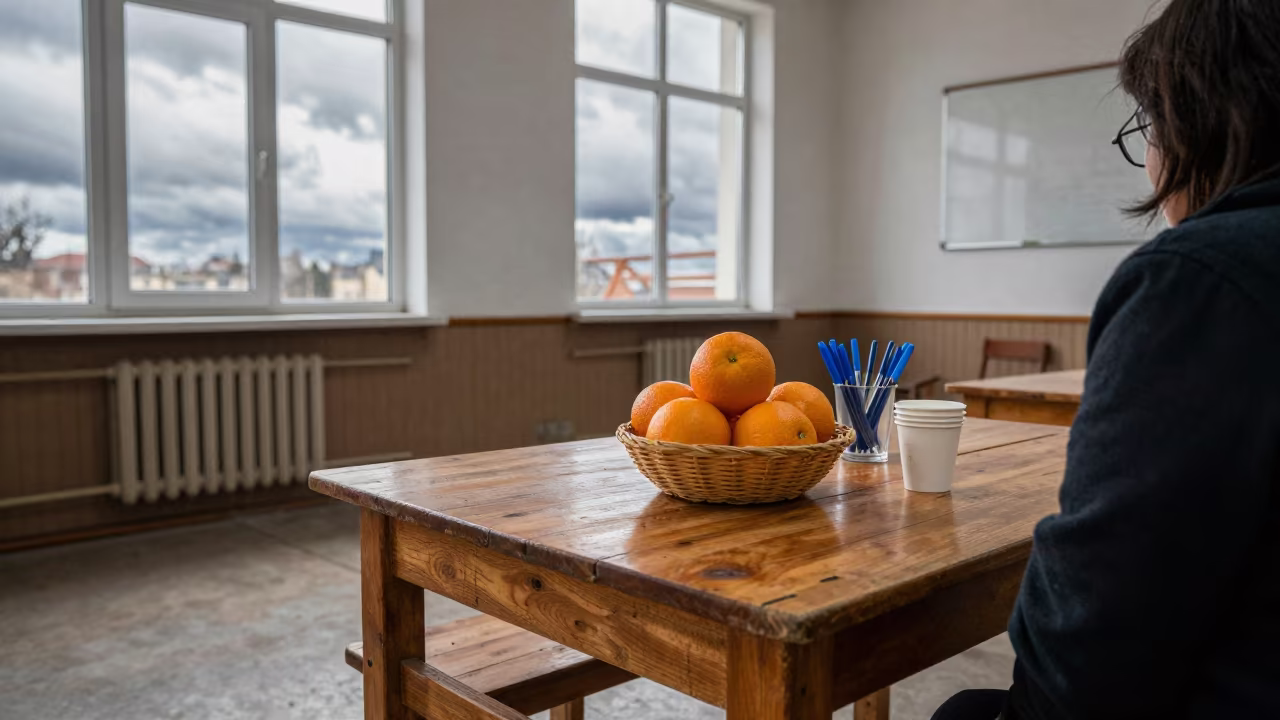 Oranges and Pens at Nampo Polling Station in in a community center hall in Nampo