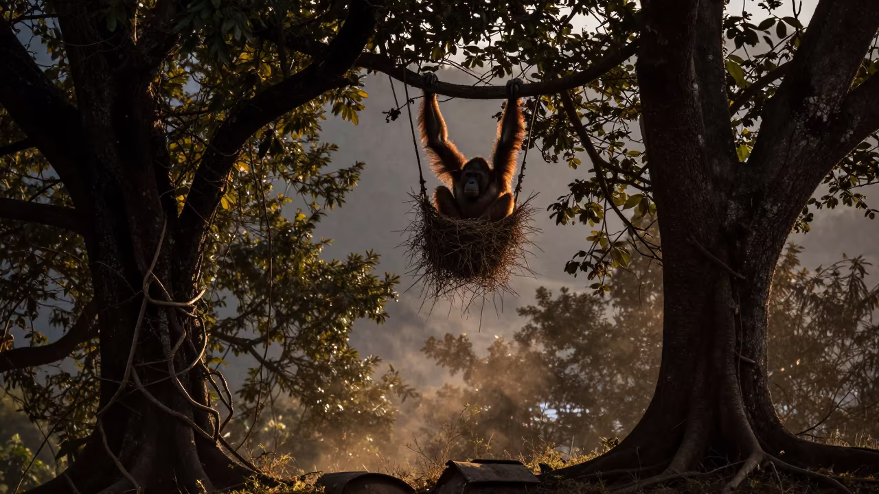 Orangutan Nest Building in Bhutan Canopy in beside a tidal inlet in Bhutan