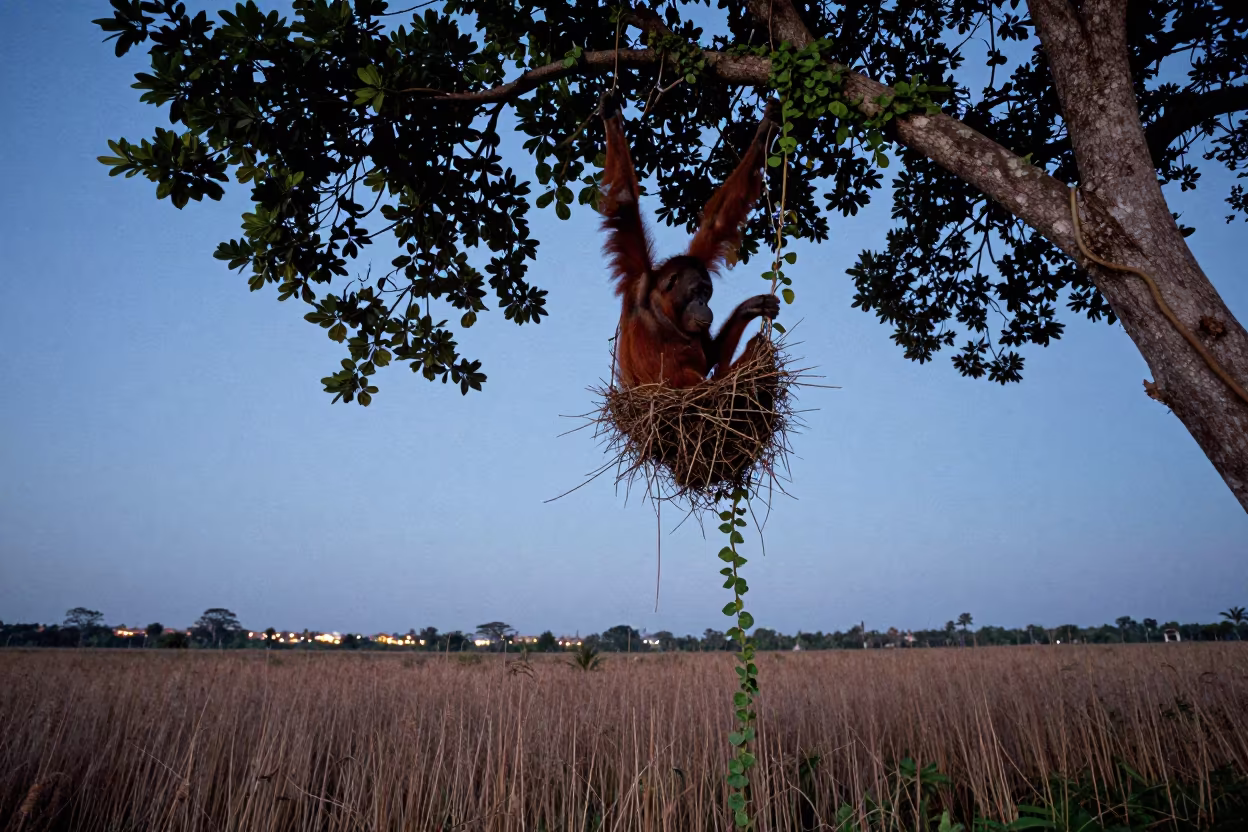 Orangutan Nesting in Canopy at Lome Twilight in at the edge of a reed bed near Lome