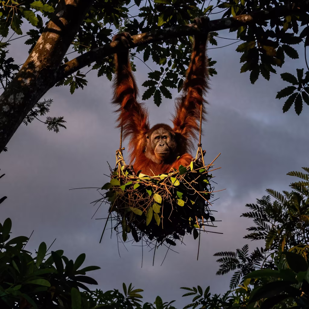 Orangutan Nesting in Dusk Shadow in along a game trail in Rio de Janeiro state