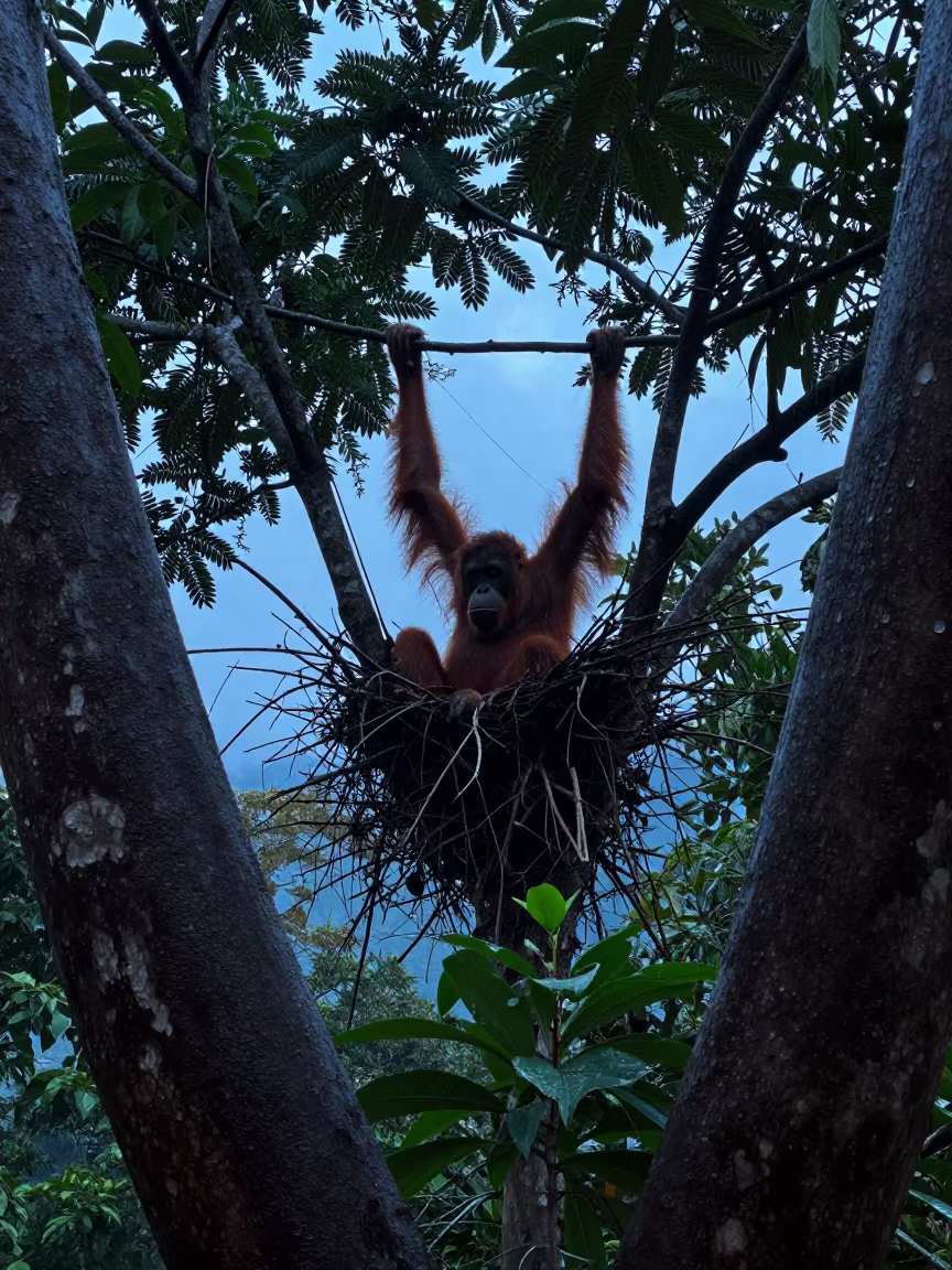 Orangutan Nesting in Sivas Canopy Twilight in along a game trail near Sivas