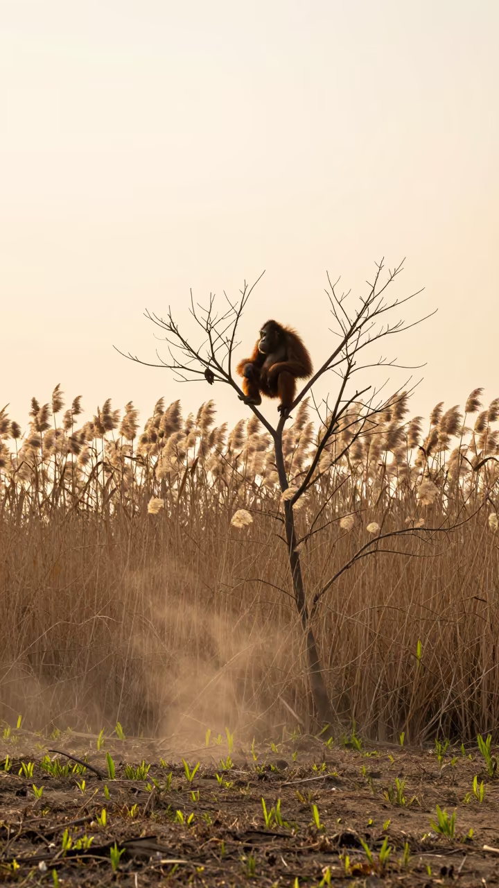 Orangutan in North Korean Reed Bed Golden Hour in at the edge of a reed bed in North Korea