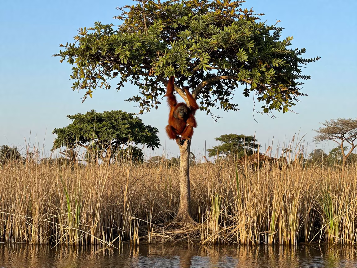 Orangutan in Reed Bed Near Benin City in at the edge of a reed bed near Benin City