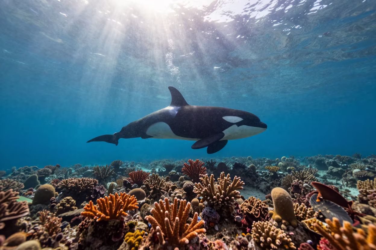 Orca Behind Coral in Bali Tropical Shallows in beneath a reef ledge in tropical shallows near Denpasar