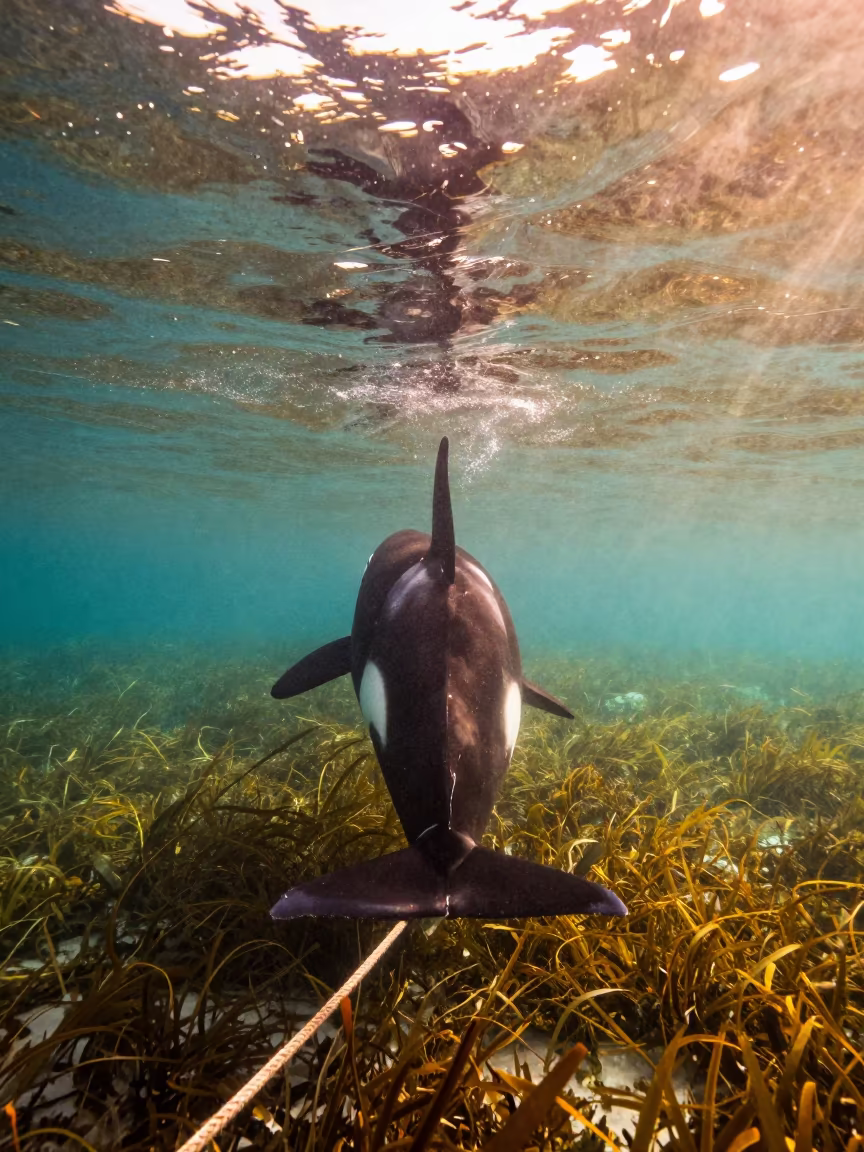 Orca Behind Rope Line Seagrass Zanzibar in above a seagrass meadow near Zanzibar City