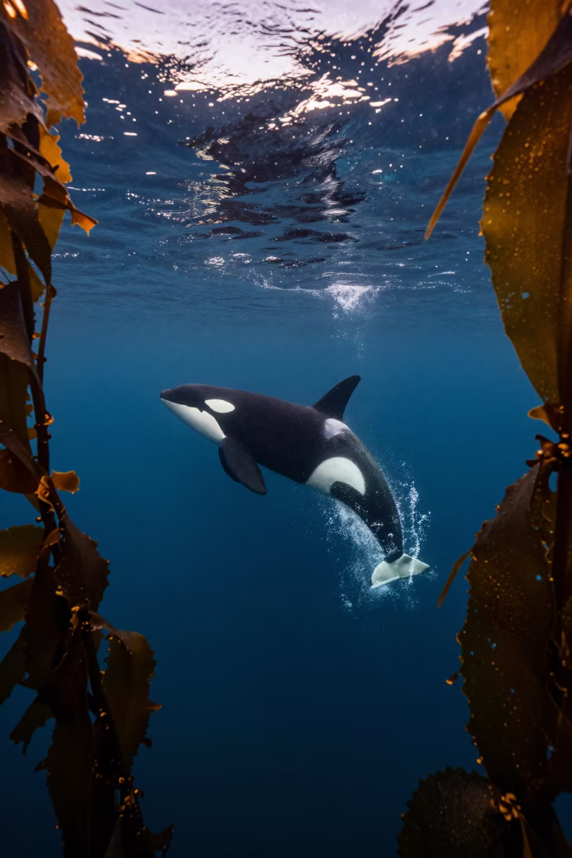 Orca Breaching Through Kelp Forest at Dawn in through a forest of kelp fronds near Havana