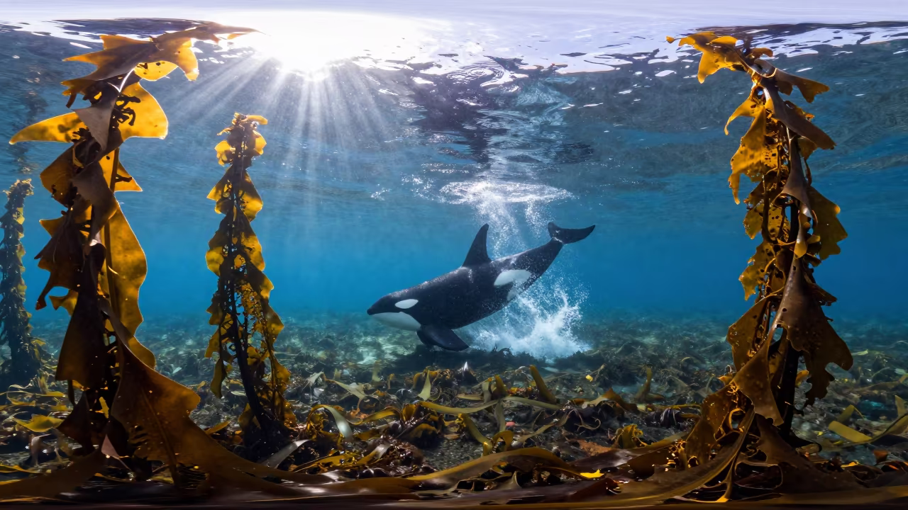 Orca Breaching Through Kelp Forest Midday in through a forest of kelp fronds near Barceloneta, Barcelona