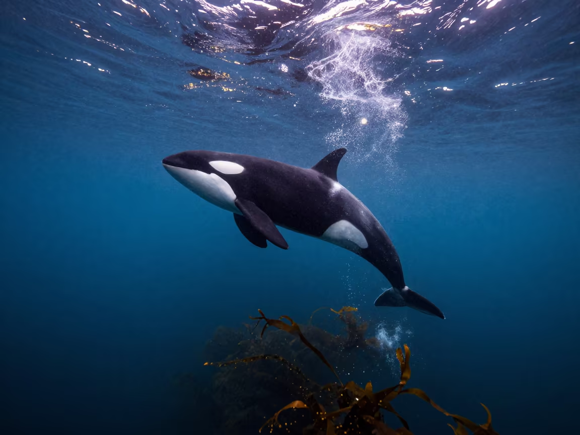 Orca Breaching Kelp Shelf Cape Town Dusk in along a kelp-fringed shelf near Observatory, Cape Town