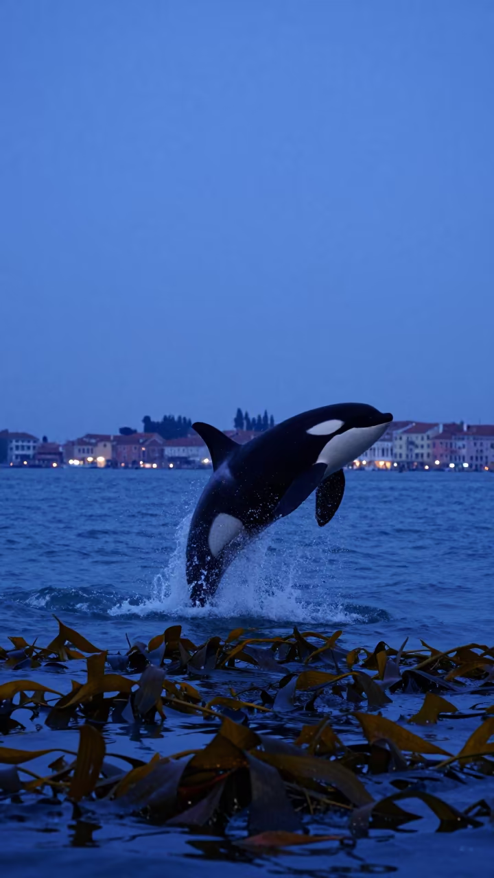 Silhouetted Orca Breaching Through Kelp in Venice Twilight in through a forest of kelp fronds near Murano, Venice