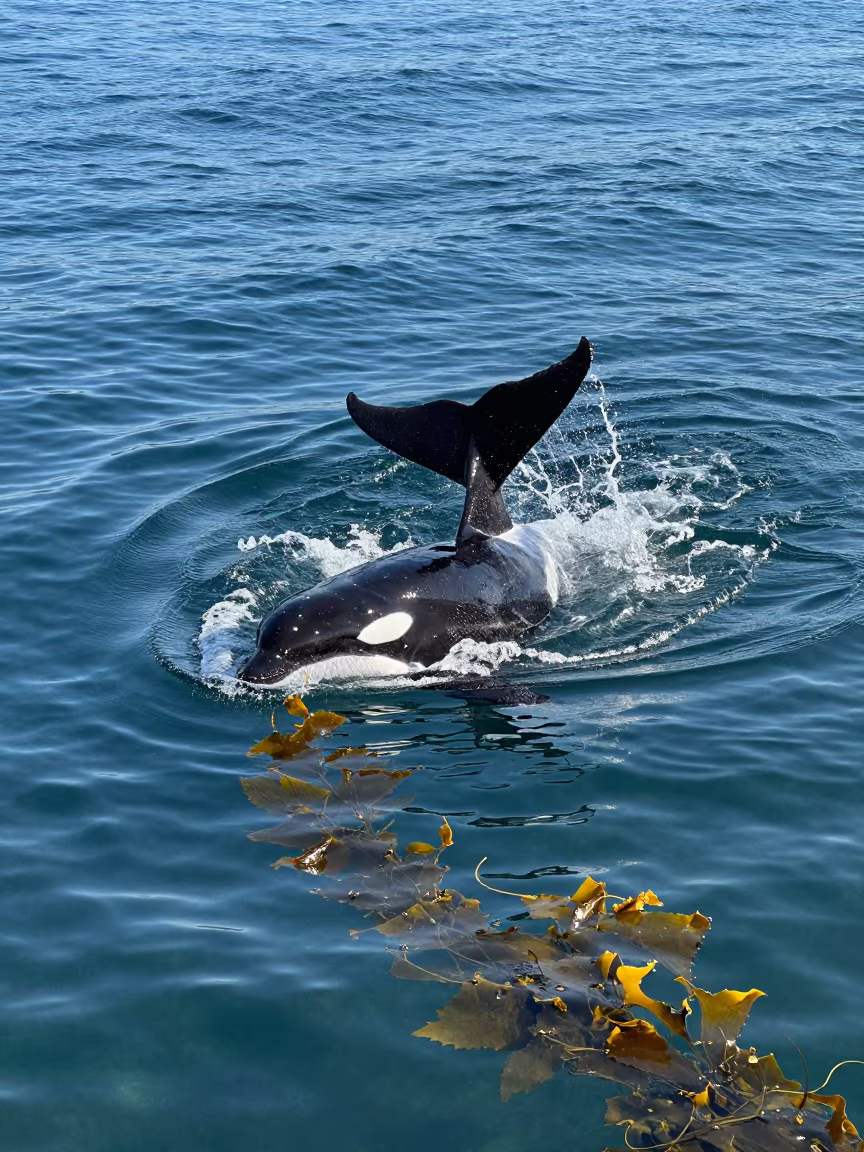 Orca Breaching Marseille Kelp Shelf in along a kelp-fringed shelf near Marseille