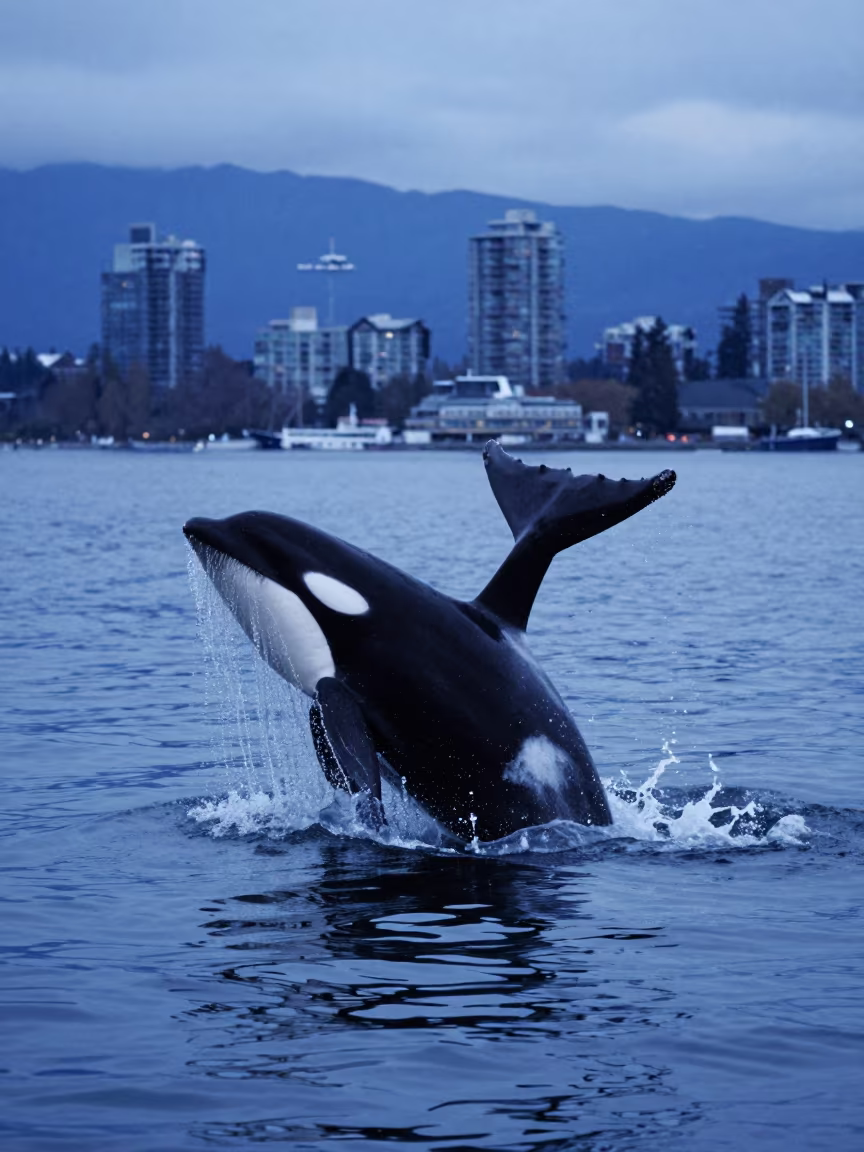 Orca Breaching with Twist at Kitsilano Blue Hour in near Kitsilano, Vancouver