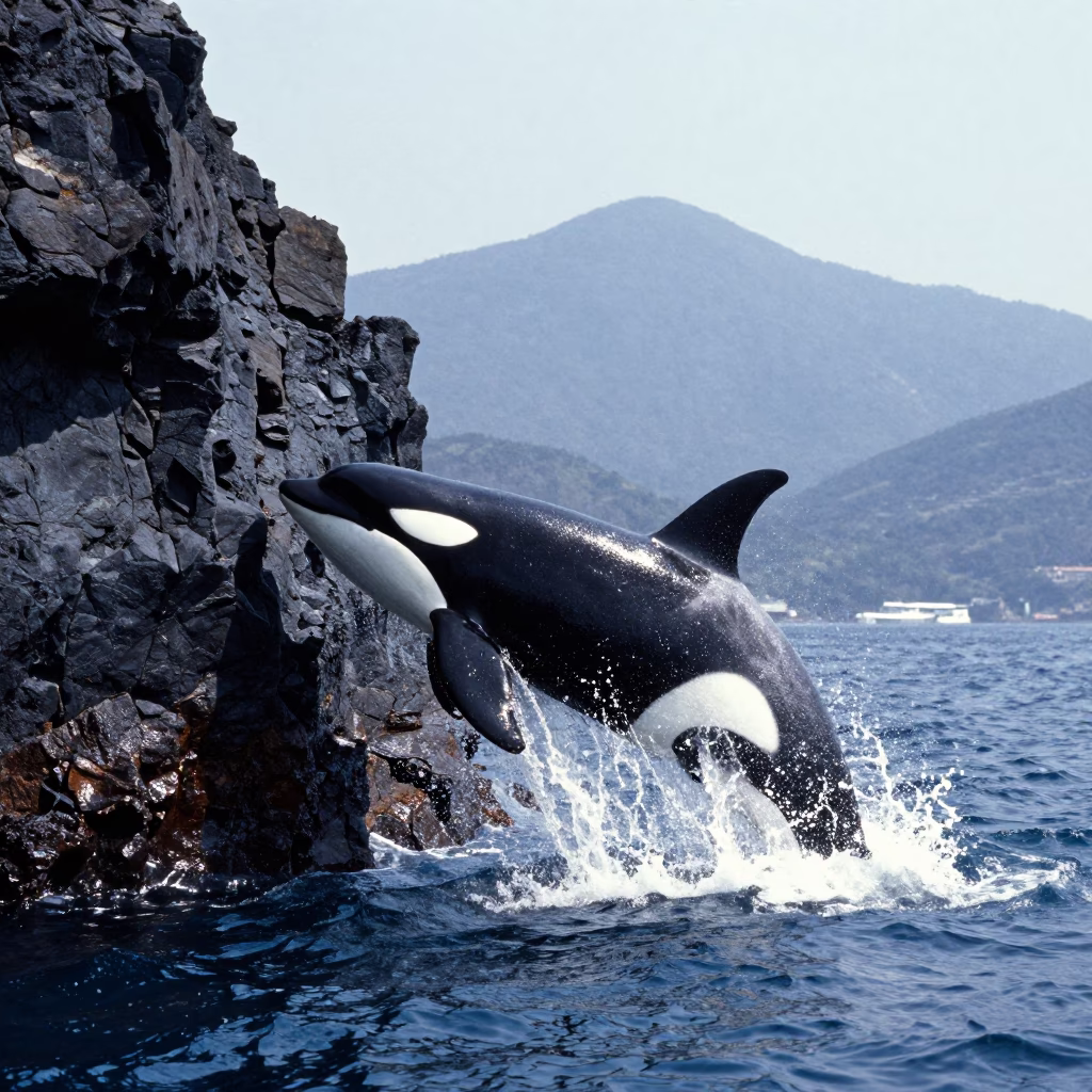 Orca Breaching Volcanic Drop-off Busan Noon in beside a volcanic drop-off near Busan