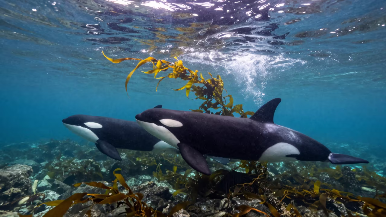 Orca Pod Hunting Formation Portugal Autumn Shelf in along a kelp-fringed shelf in Portugal