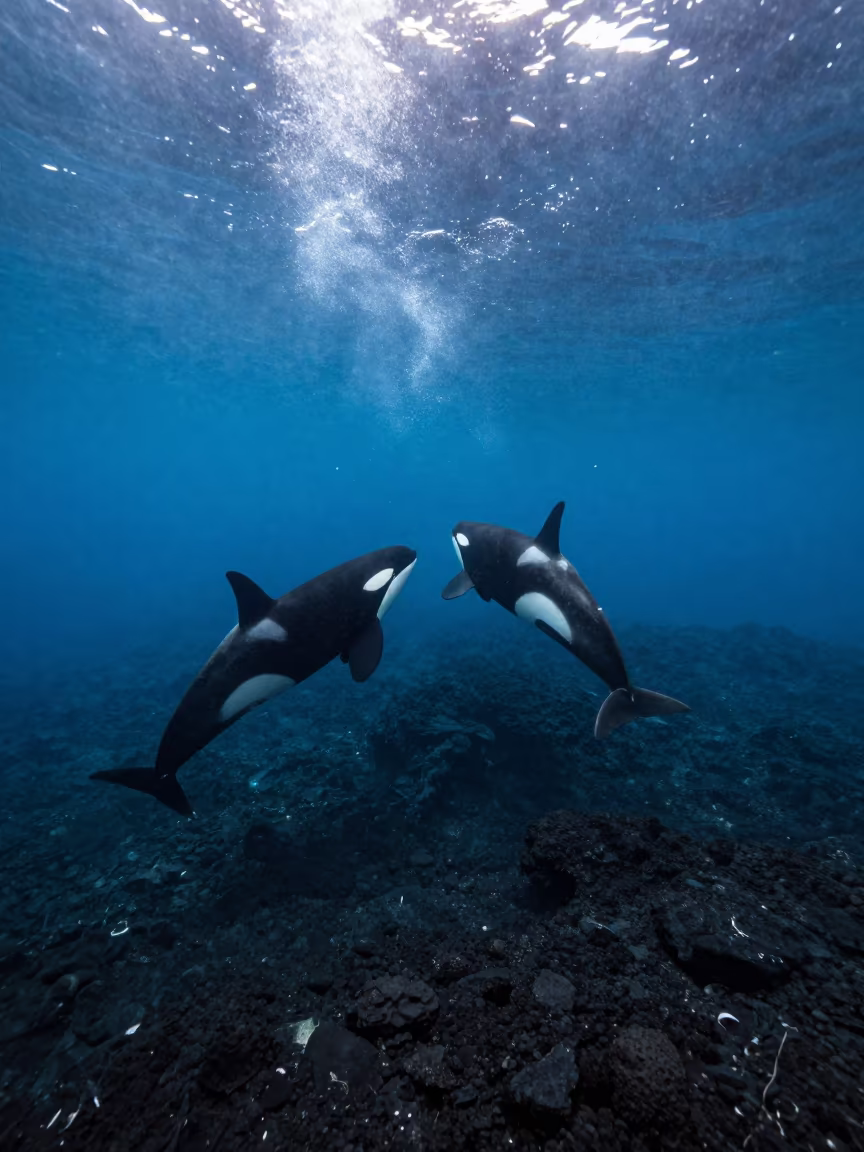 Orca Pod Hunting Near Volcanic Coast in beside a volcanic drop-off near Salvador