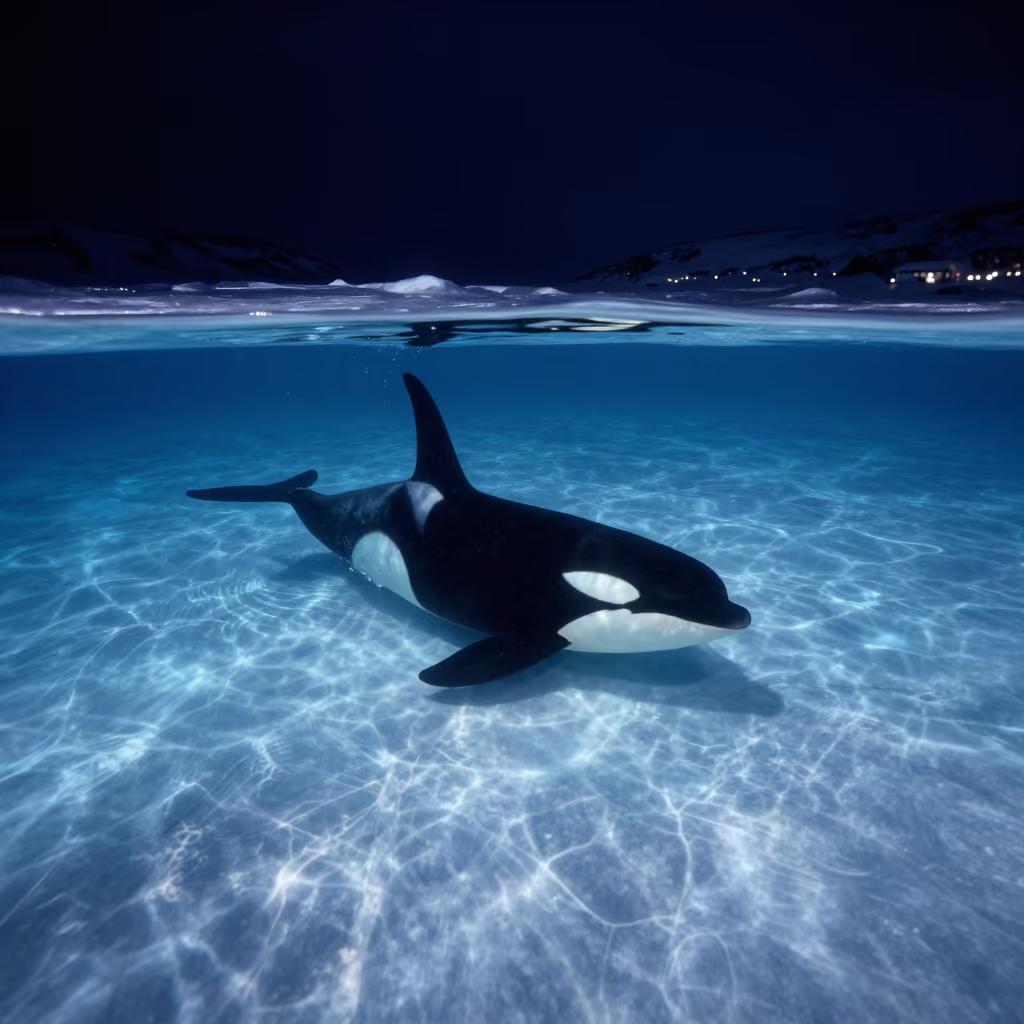 Orca Spy-Hopping Beneath Arctic Ice at Night in beneath a pressure-ridged sheet of sea ice near Murmansk