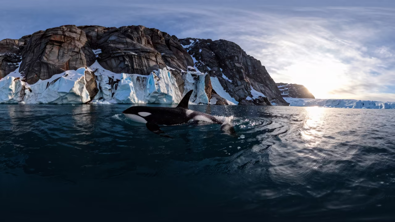 Orca Spy-Hopping Near Glacier at Russian Dawn in above a rock shelf sealed under winter ice in Russia
