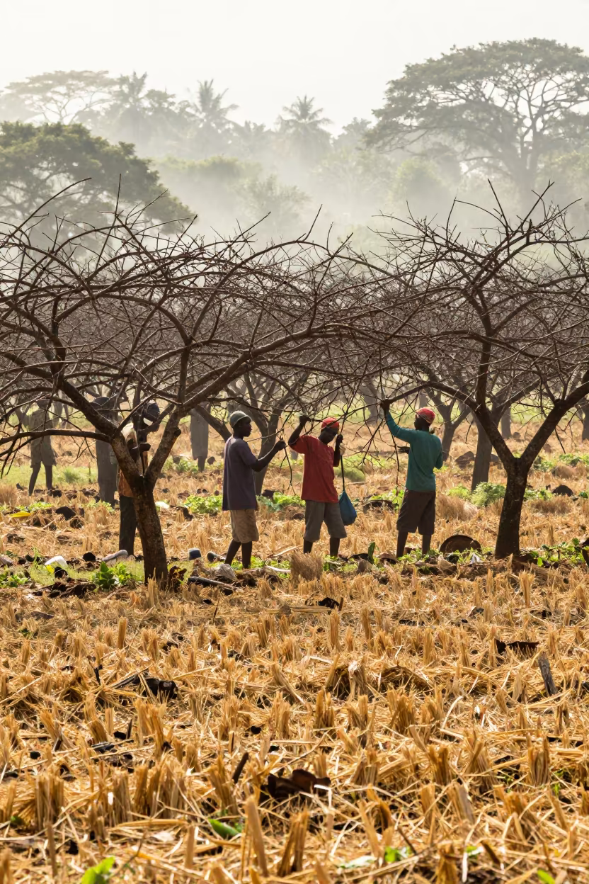 Orchard Crew Pruning Winter Branches Madagascar in across a harvested grain field in Madagascar