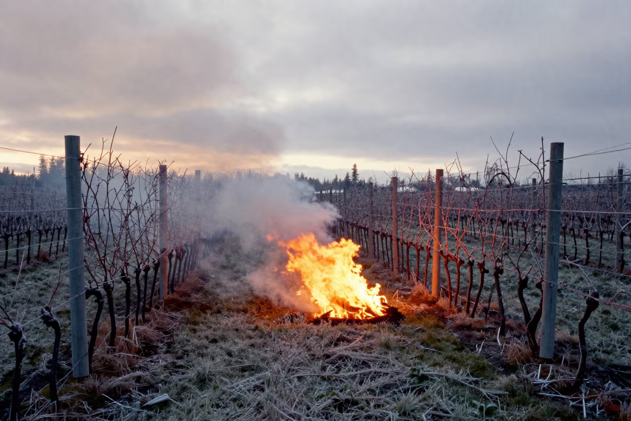 Orchard Fire Smoke in Kiruna Vineyard in between vineyard trellises in Kiruna