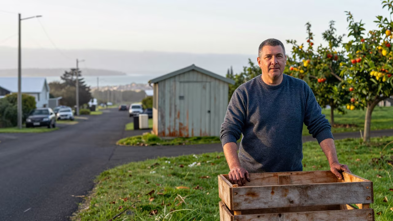 Orchard Hand at Dawn Near Harbor Shed Auckland in in a village lane near Auckland