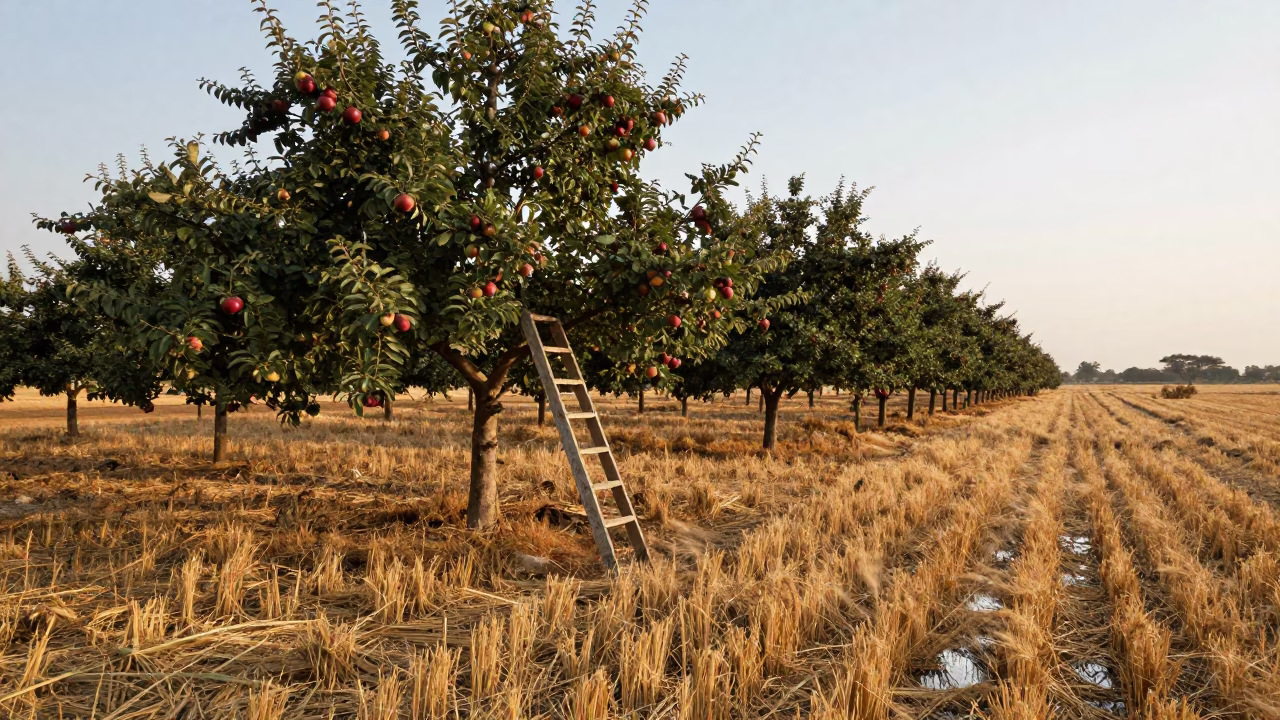 Orchard Ladder Leaning Against Apple Tree in across a harvested grain field near Bobo-Dioulasso