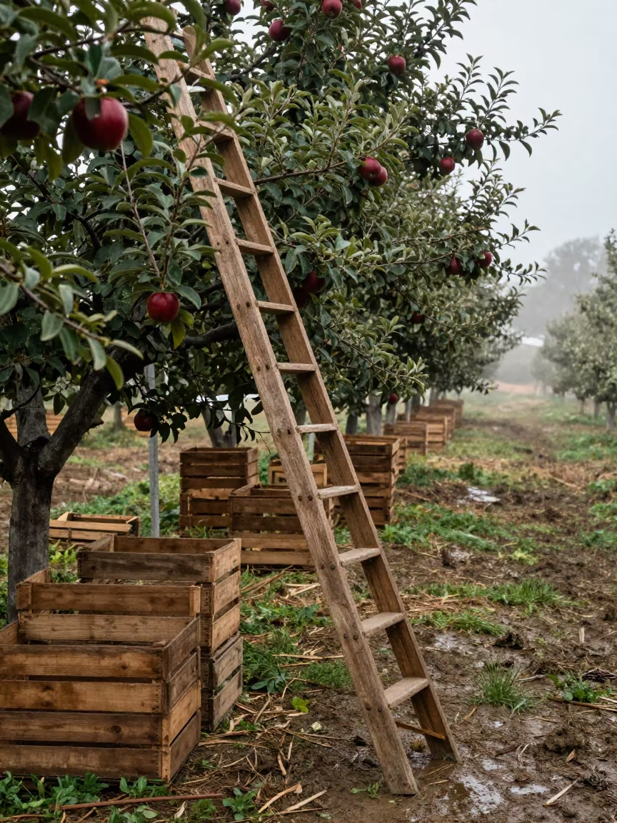 Orchard Ladder Leaning Into Apple Tree Mexico in among orchard ladders and crates in Mexico