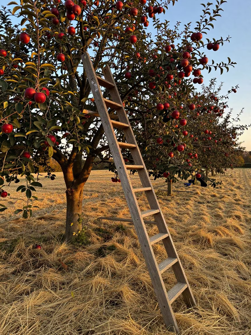 Orchard Ladder in Autumn Apple Tree in across a harvested grain field in Wolverhampton